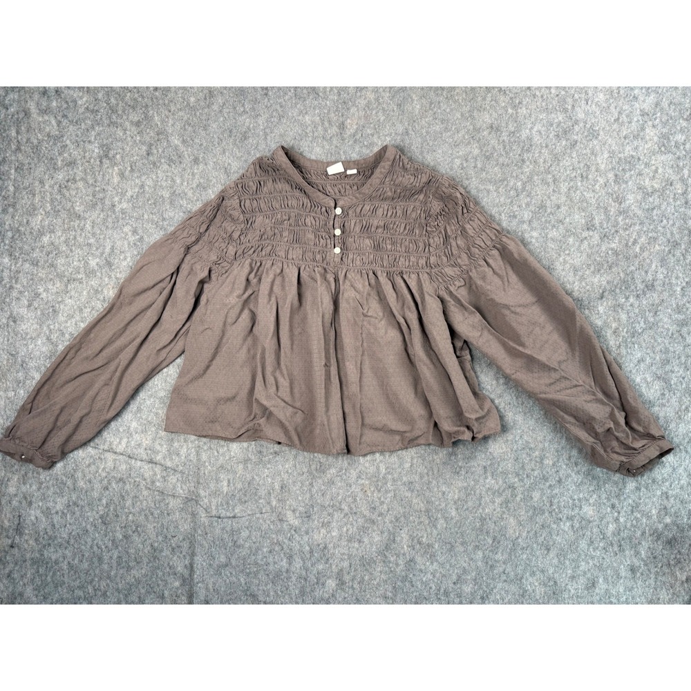 Gap Blouse Womens M Brown Cotton Dobby Smocked Boho Peplum Long Sleeve Top Chic